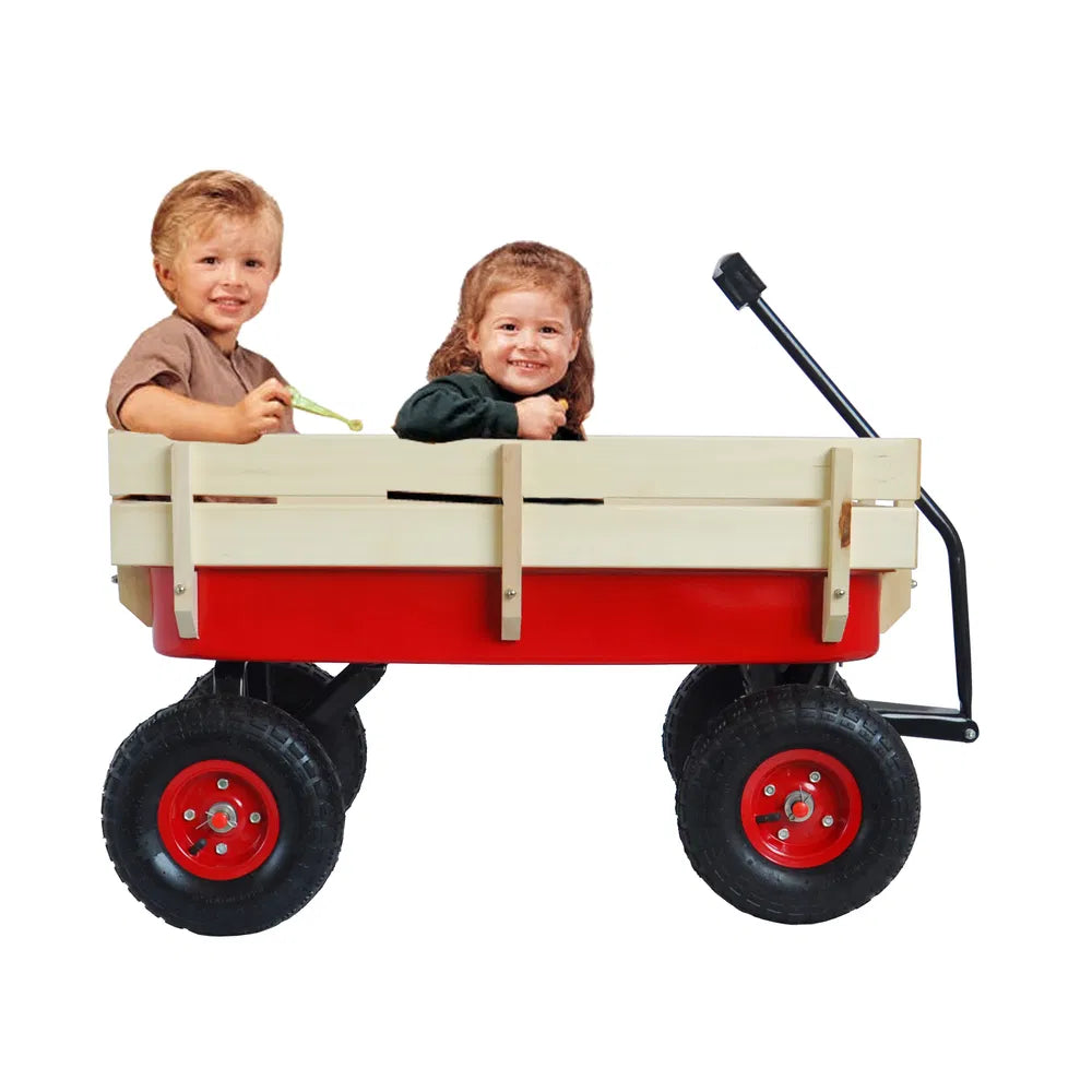 Outdoor Garden Wagon with Wooden Side Panels and Air Tires - Heavy Duty Utility Cart