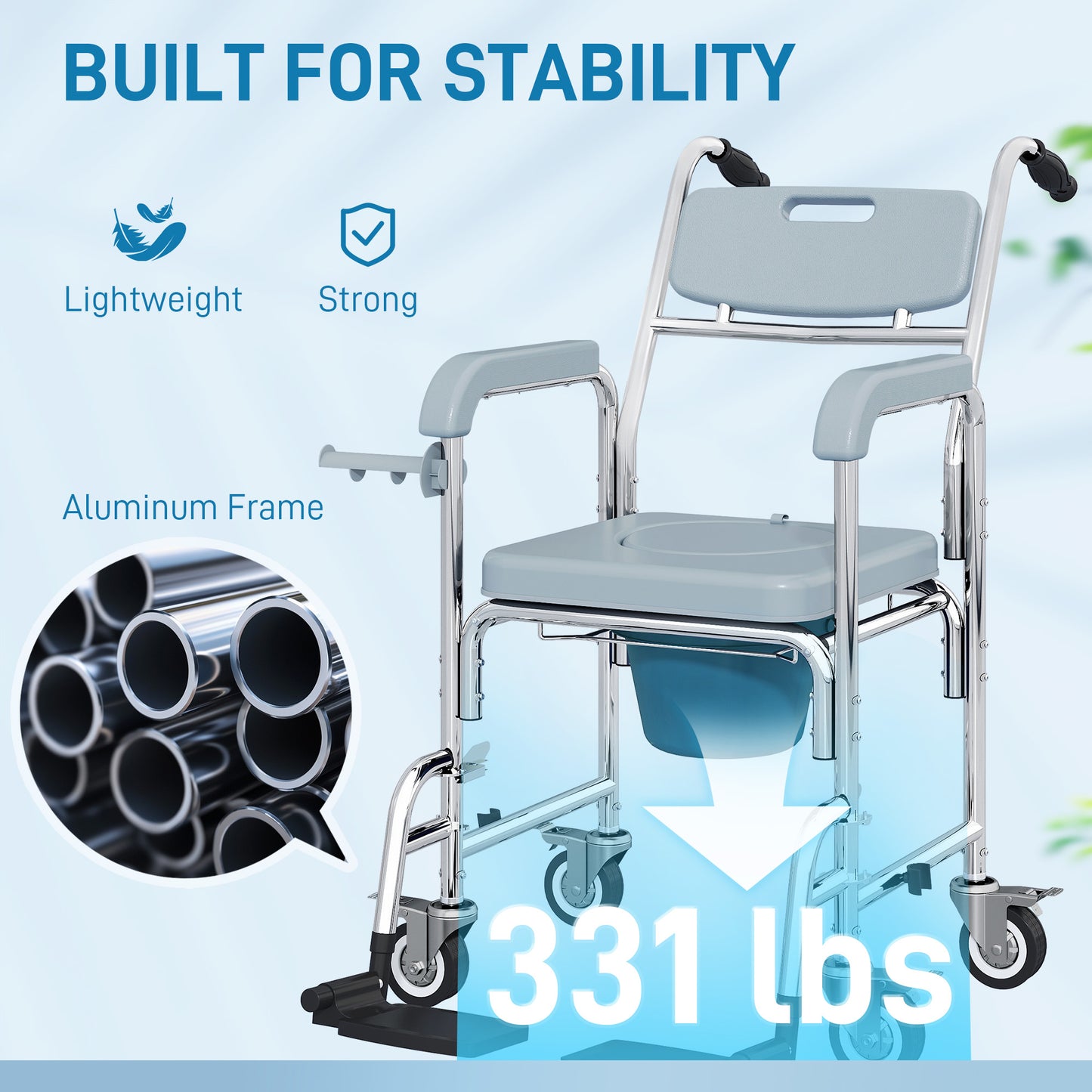 Rolling Shower Wheelchair for Seniors - 4-in-1 Commode Chair, Gray