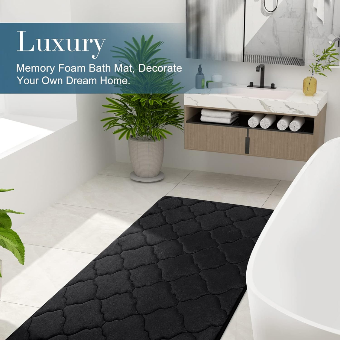 Memory Foam Bath Mat - Ultra Soft, Non-Slip, Machine Washable - Black