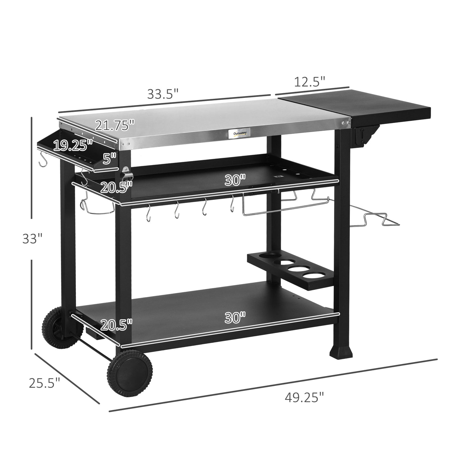 3-Shelf Outdoor Grill Cart with Foldable Side Table - Black