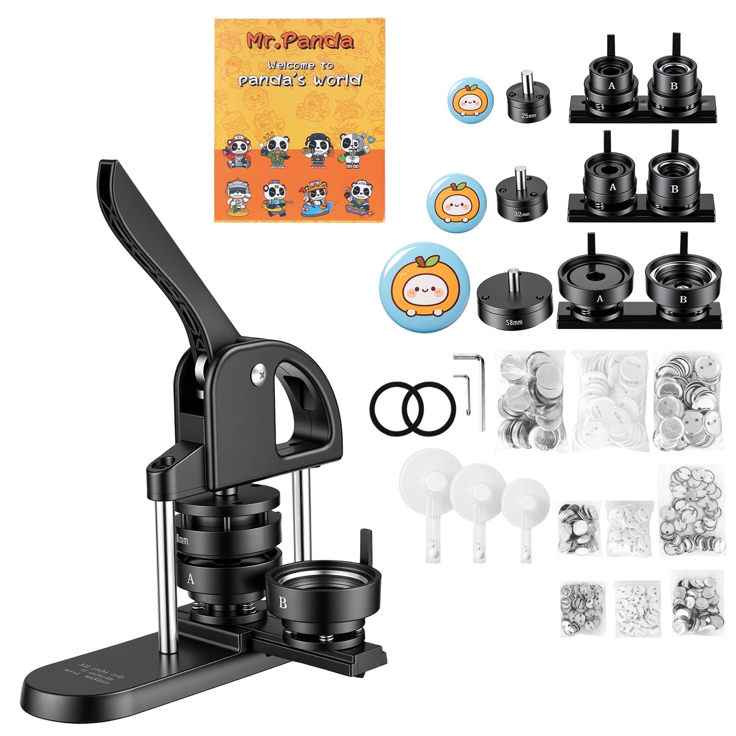 Button Maker Machine Set with 300 Button Parts, Circle Cutter & Ergonomic Handle - DIY Badges Pins Magnets Key Chains