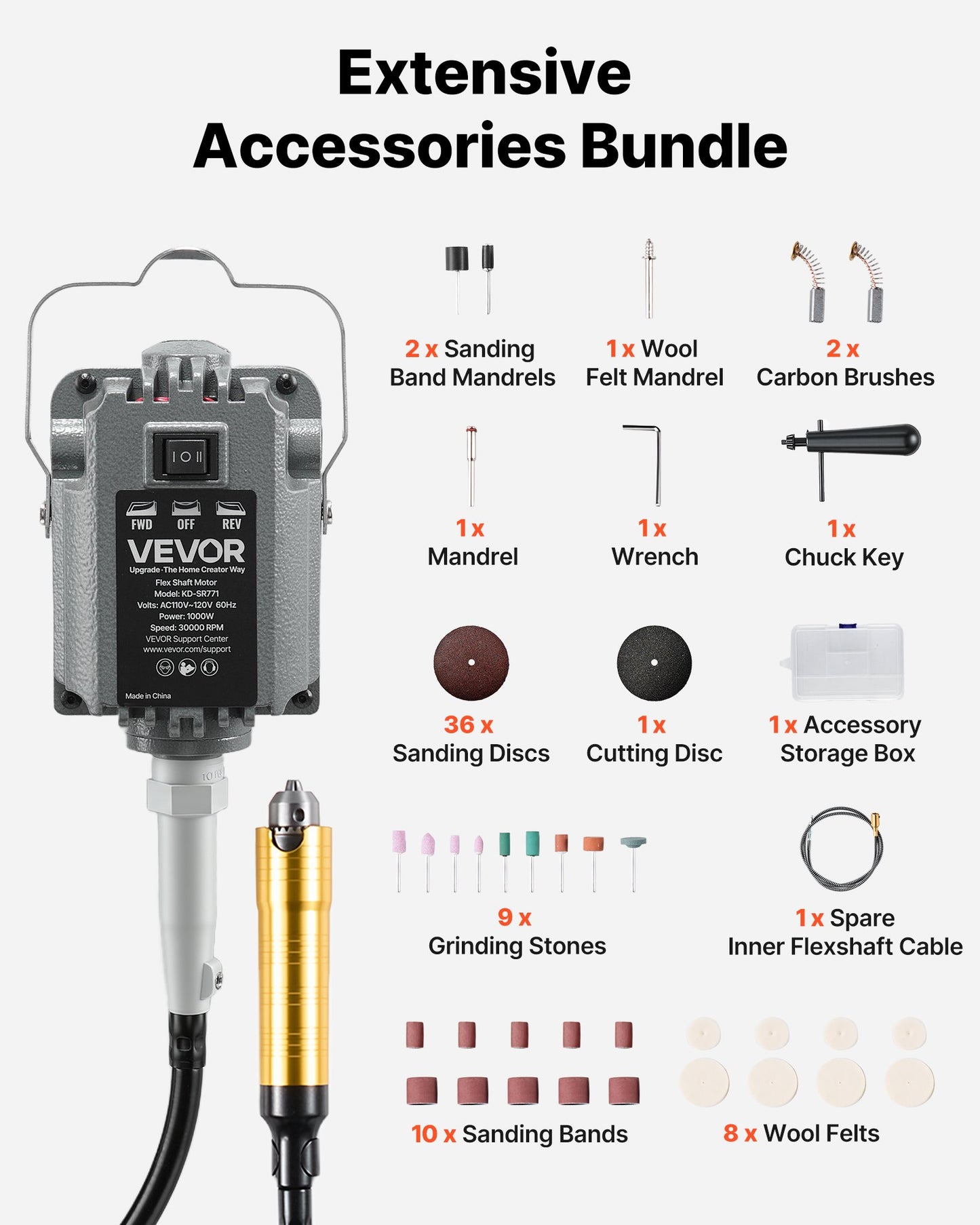 Electric Flex Shaft Grinder 1000W 30000RPM with Accessory Kit & Foot Pedal