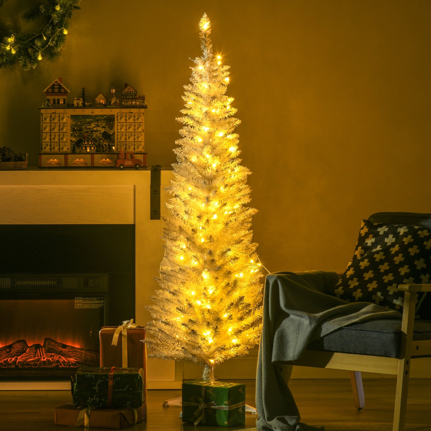 5ft Slim White Pencil Christmas Tree with Warm White LED Lights