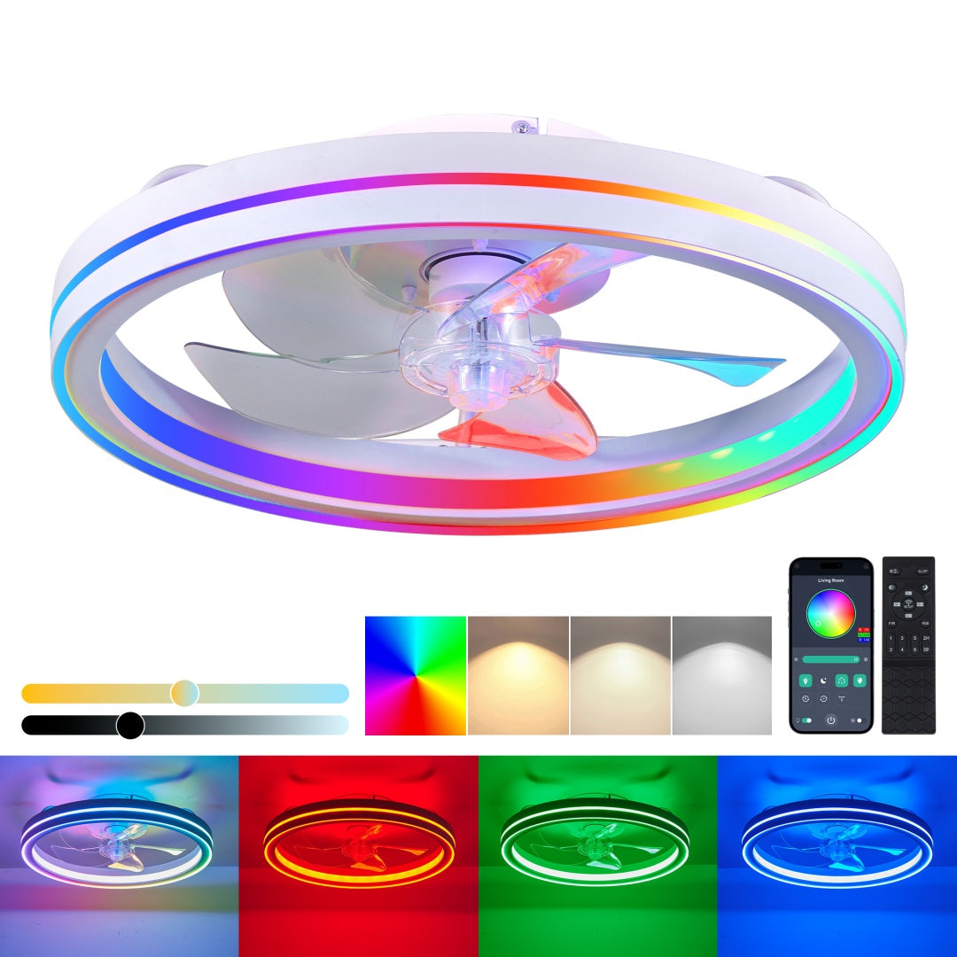 19in RGB Ceiling Fan with Lights Remote App Control Modern Low Profile Flush Mount