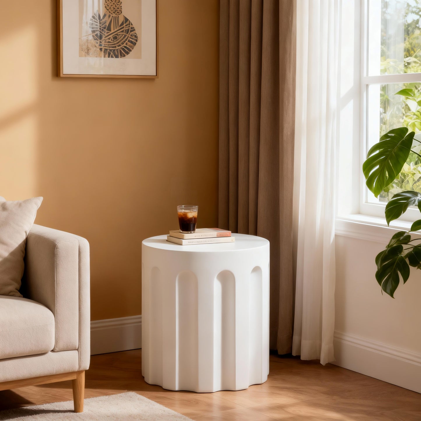 White Cylindrical Concrete Side Table - Indoor & Outdoor Use