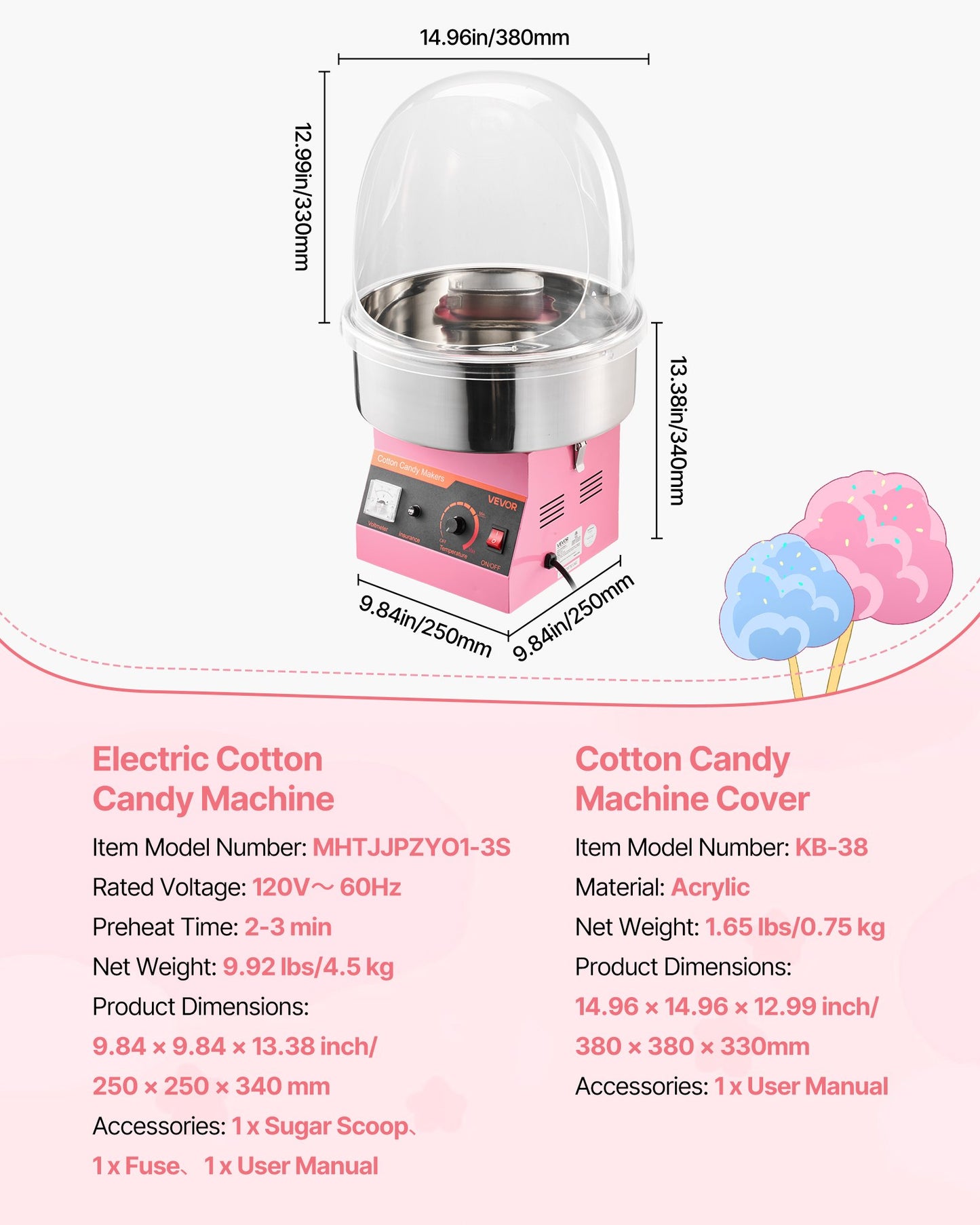 Electric Cotton Candy Machine 1000W Commercial Floss Maker with Cover & Stainless Steel Bowl