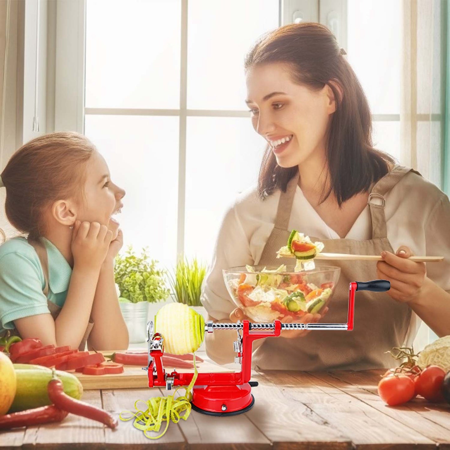 3-in-1 Apple Peeler, Slicer & Corer with Suction Base - Red
