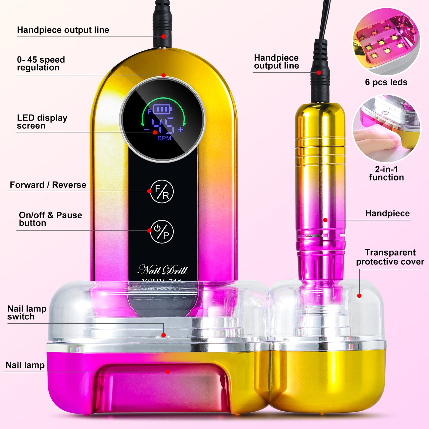 Professional 45000RPM Electric Nail Drill Kit - Portable Cordless File - Yellow