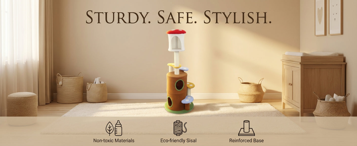 Large Mushroom Cat Tree with Condo, Platform & Ladder - Multi-Level Play & Rest