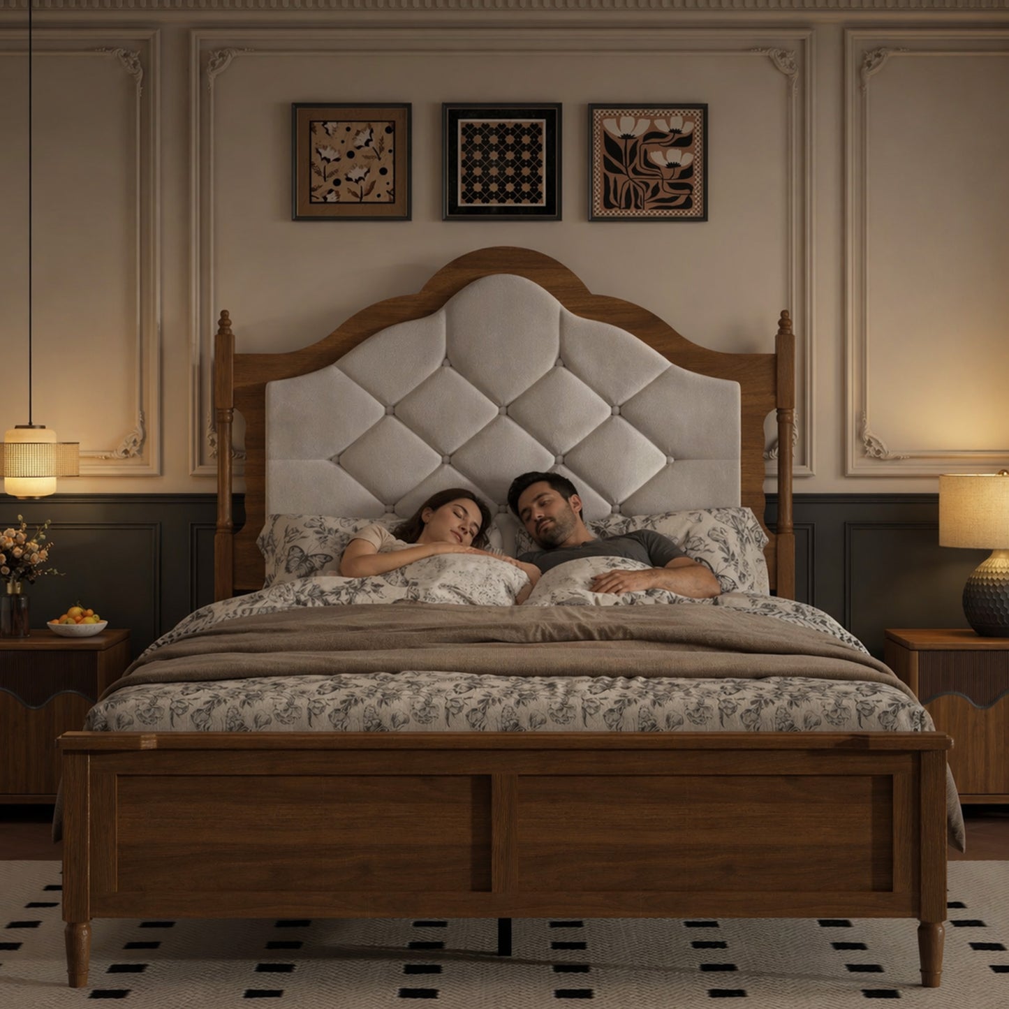Queen Size Wood Platform Bed Frame with Upholstered Headboard, Brown