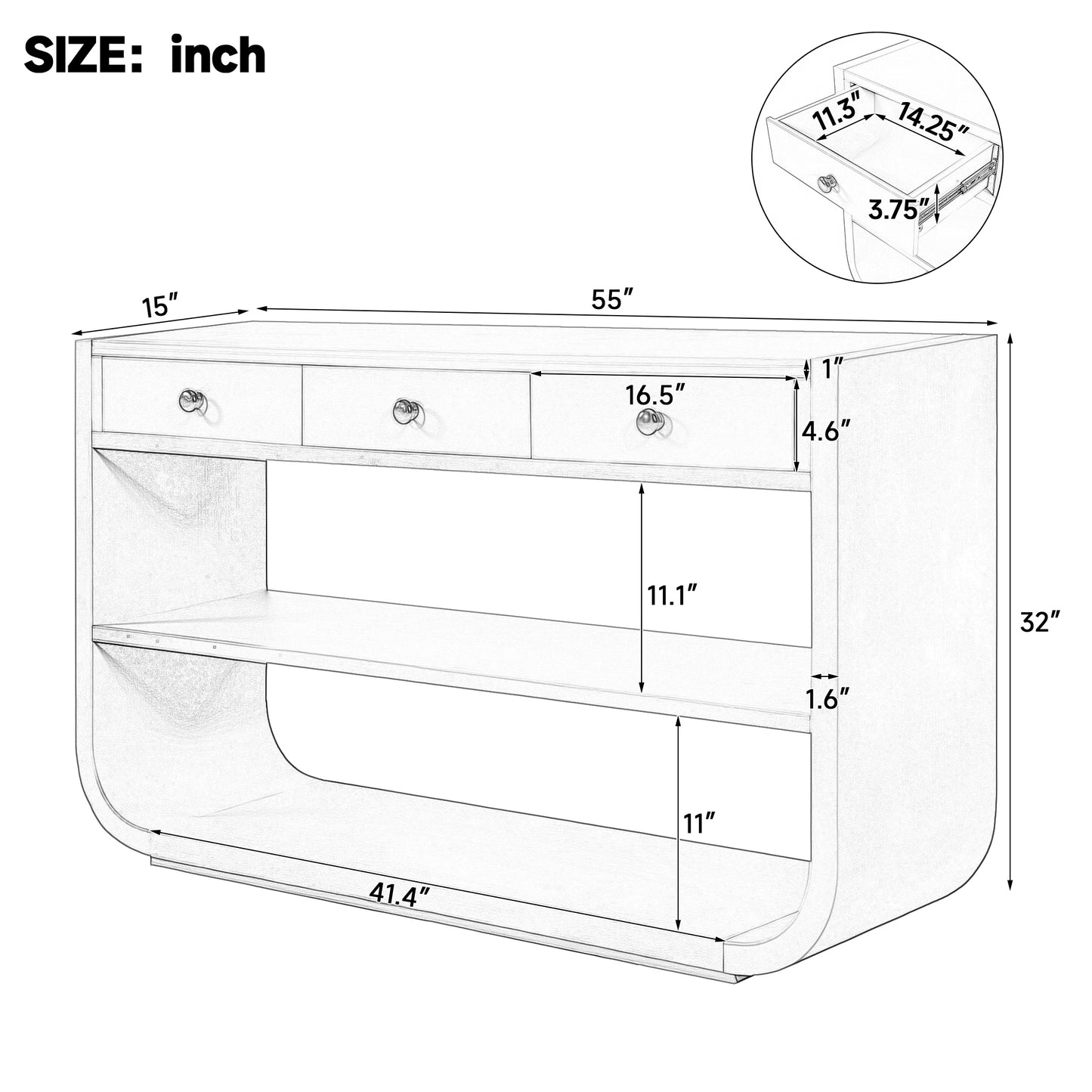 Modern Curved Console Table with 3 Drawers & Open Shelves - Natural