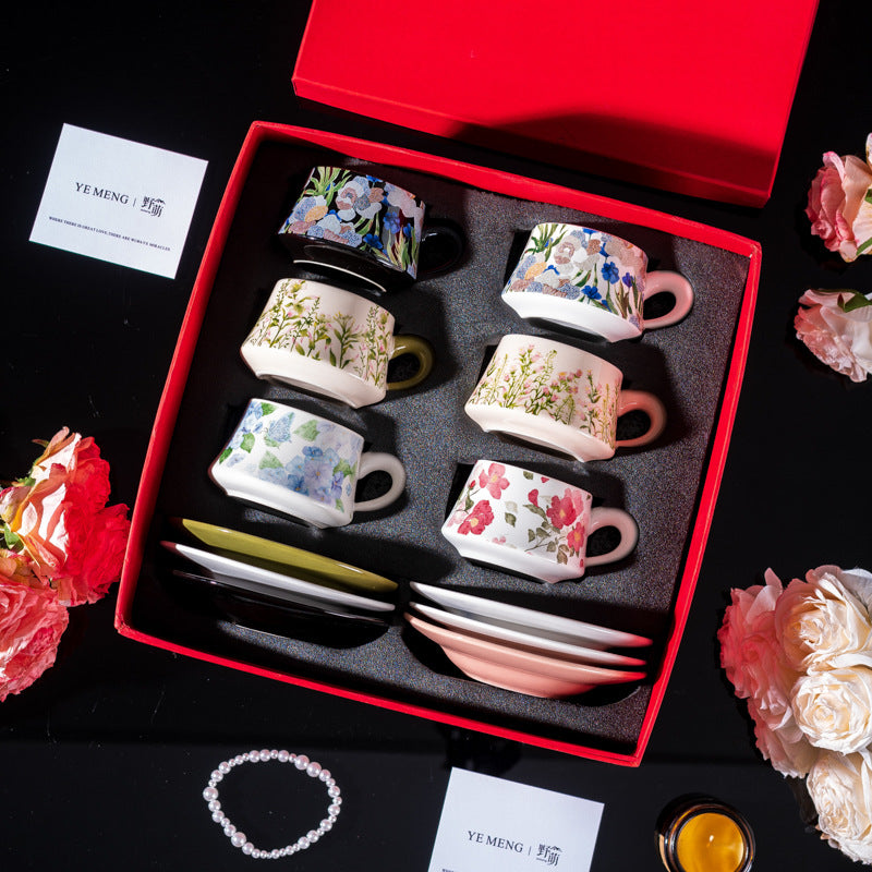 Elegant Iris Flower Ceramic Coffee Cup Set with Gift Box - Multiple Styles & Sizes