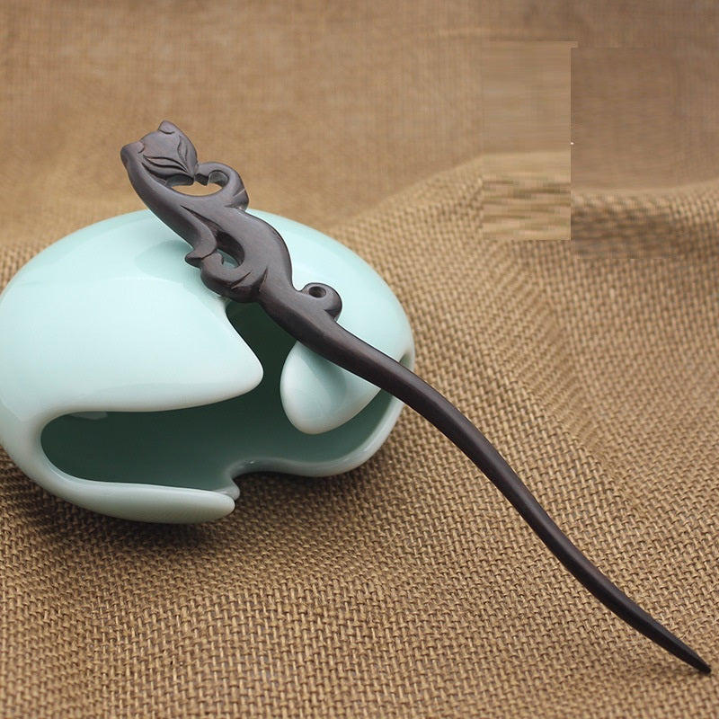 Handmade Ebony Hairpin with Inlaid Flower Pattern - Enchantress Blackwood