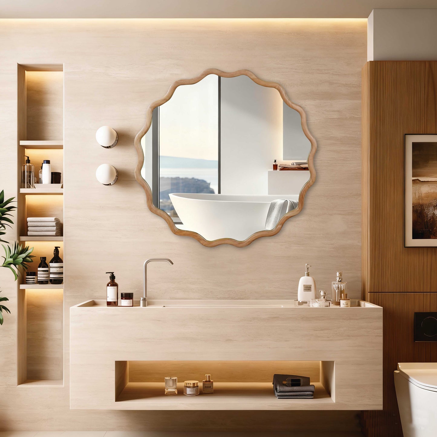 36 Inch Wavy Round Solid Wood Frame Decorative Mirror - Natural Wood