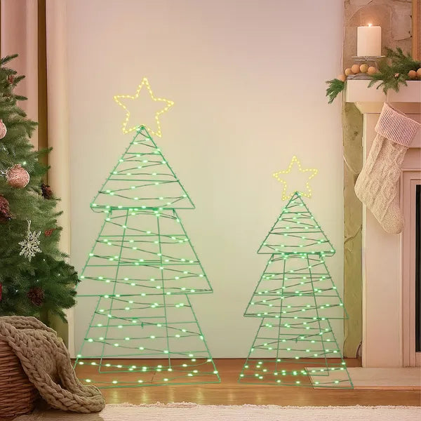 Lighted Metal Christmas Tree Yard Decorations - Set of 2 with 150 LED Lights