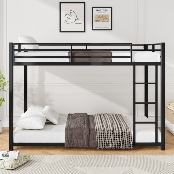 Twin Over Metal Bunk Bed, Low Bed With Ladder, Frame,Black, Sturdy