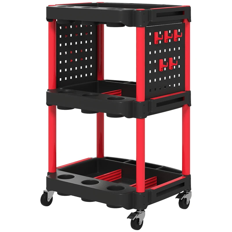 3-Tier Rolling Tool Cart - 200 LBS Capacity Plastic Utility Cart - Black & Red