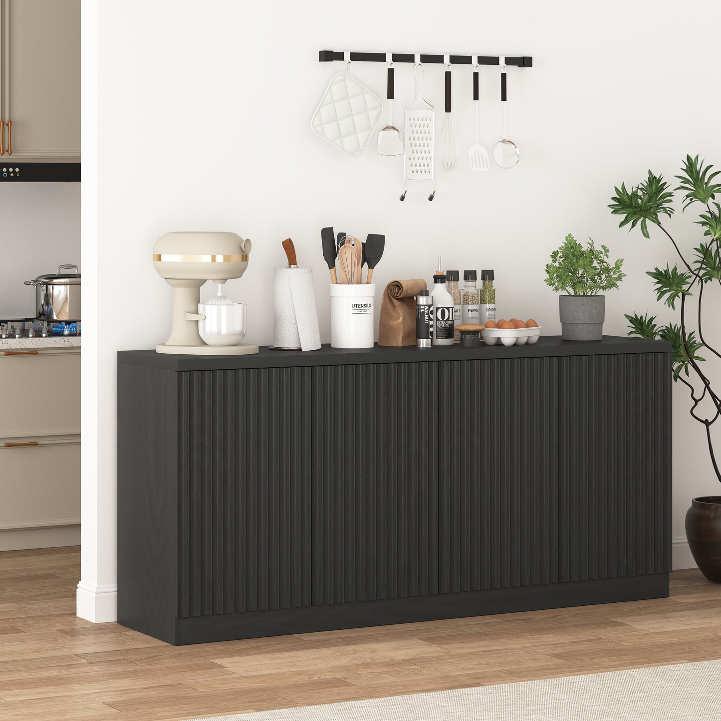 Black Buffet Cabinet with 4 Doors & Shelves - 62.6" Sideboard