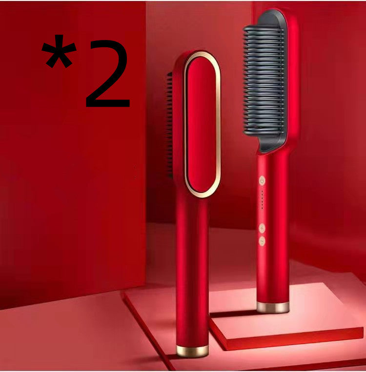2-in-1 Hair Straightener Curling Iron Hot Comb with Negative Ions - Multi-Functional Electric Hair Styling Brush