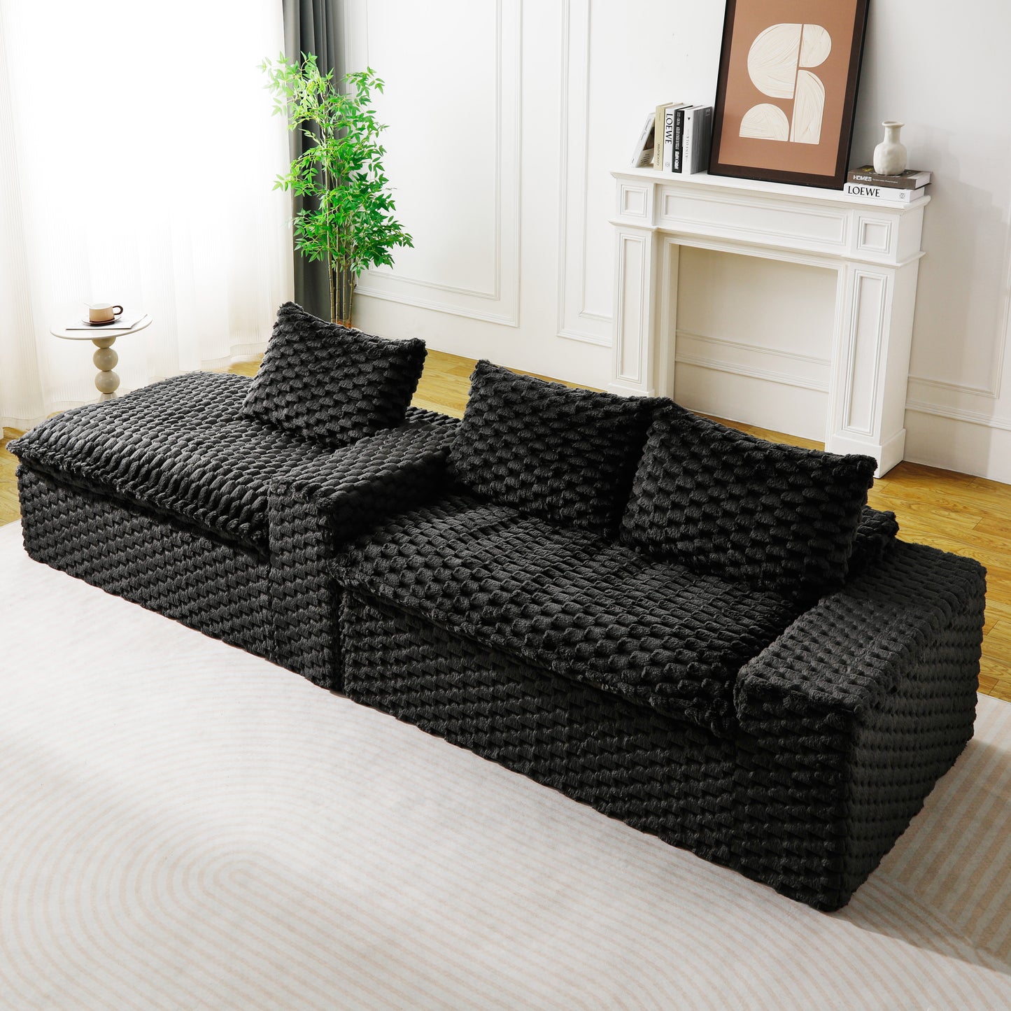 Convertible Twin-Seat Velvet Sofa with Left Chaise Lounge - Black