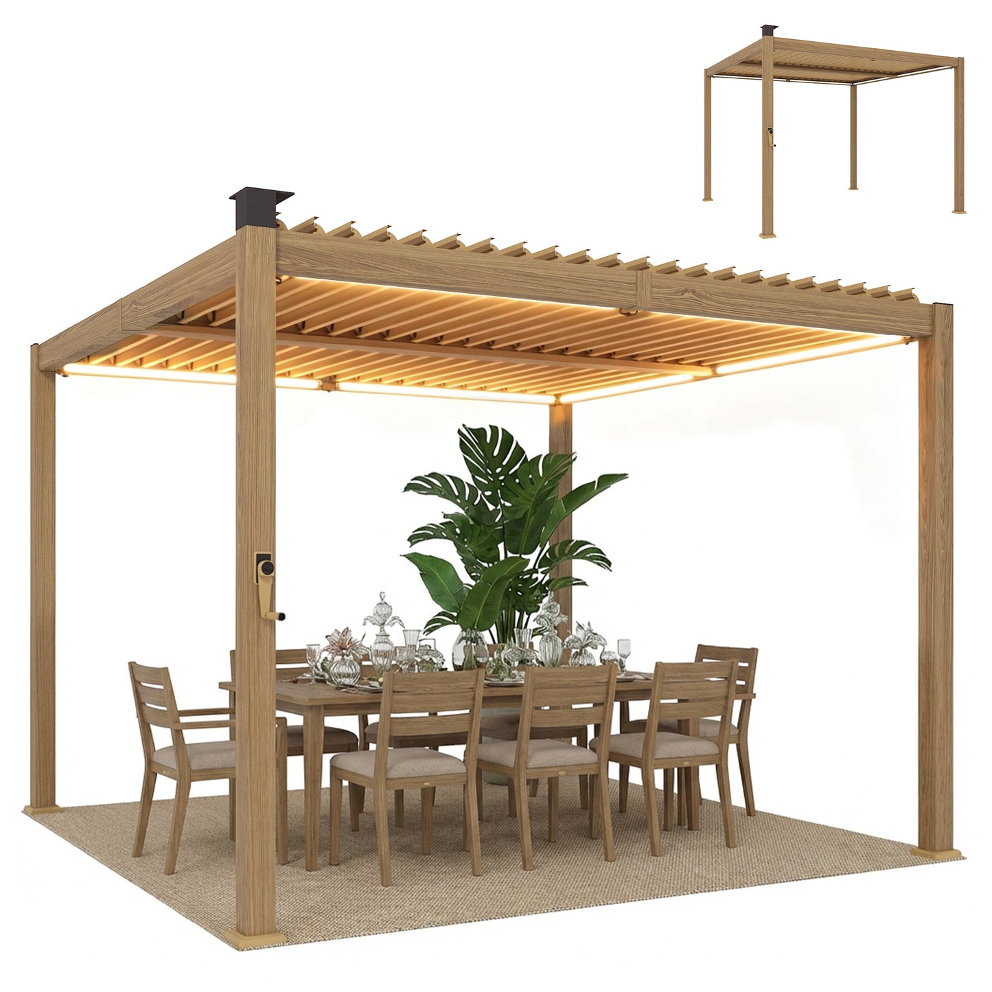 10x10 Louvered Pergola with Solar LED Lights & Metal Roof - Brown