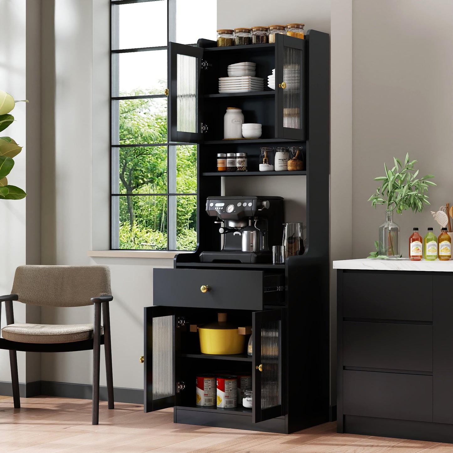 Black Kitchen Pantry Hutch Storage Cabinet, Farmhouse Buffet Cabinet