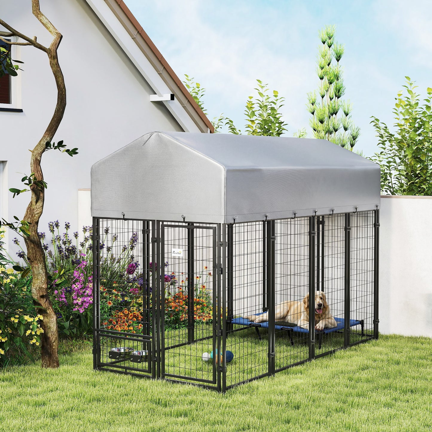 Outdoor Dog Kennel with Rotating Bowls, Waterproof Cover, Large Steel Frame - Silver