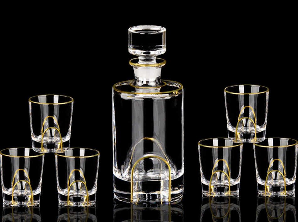 Crystal Glass Whiskey and Wine Set - Creative Gold Finish, 7-Piece Home Barware