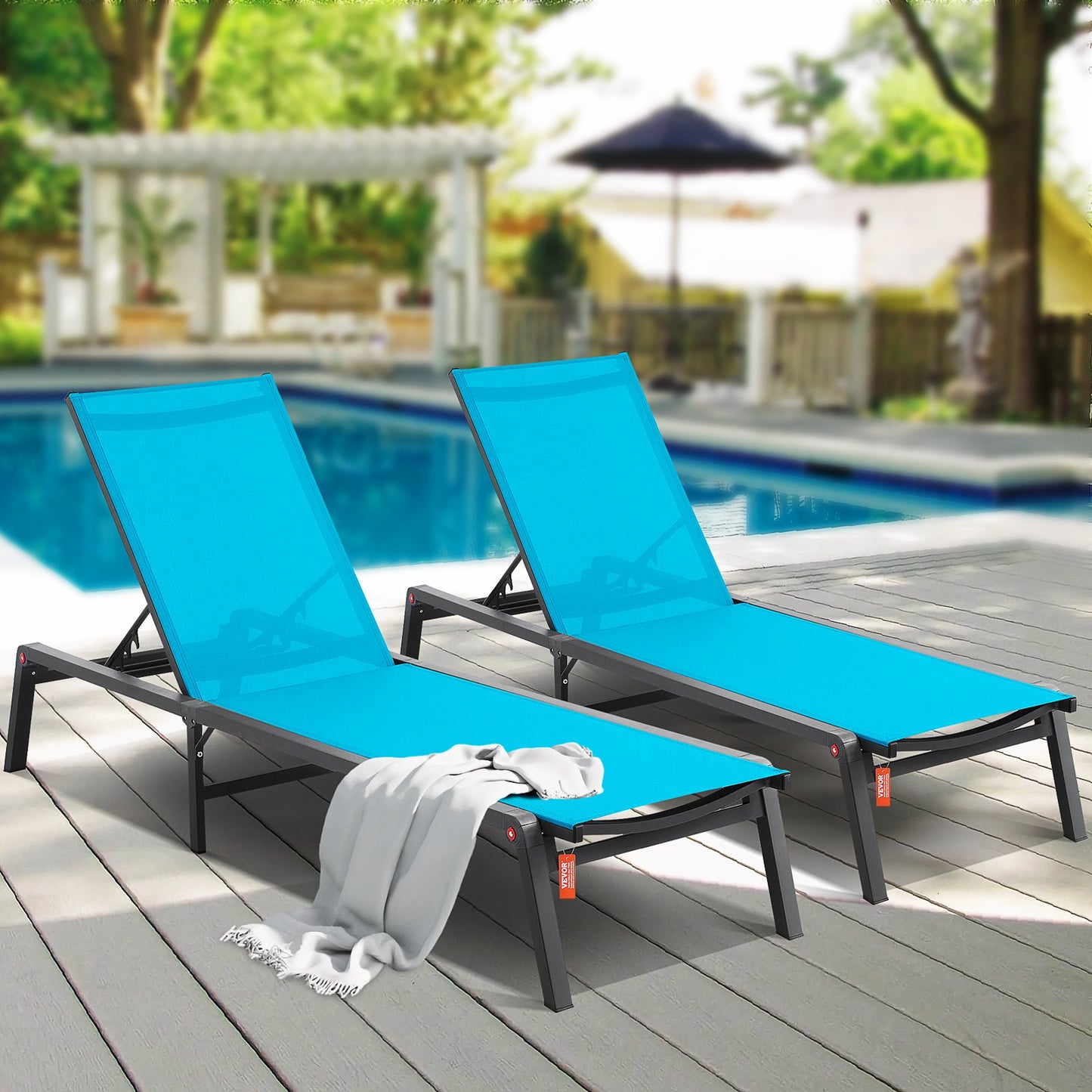 Outdoor Adjustable Lounge Chair Set - 2 Pcs Grey Patio Sunbed with 5-Position Support