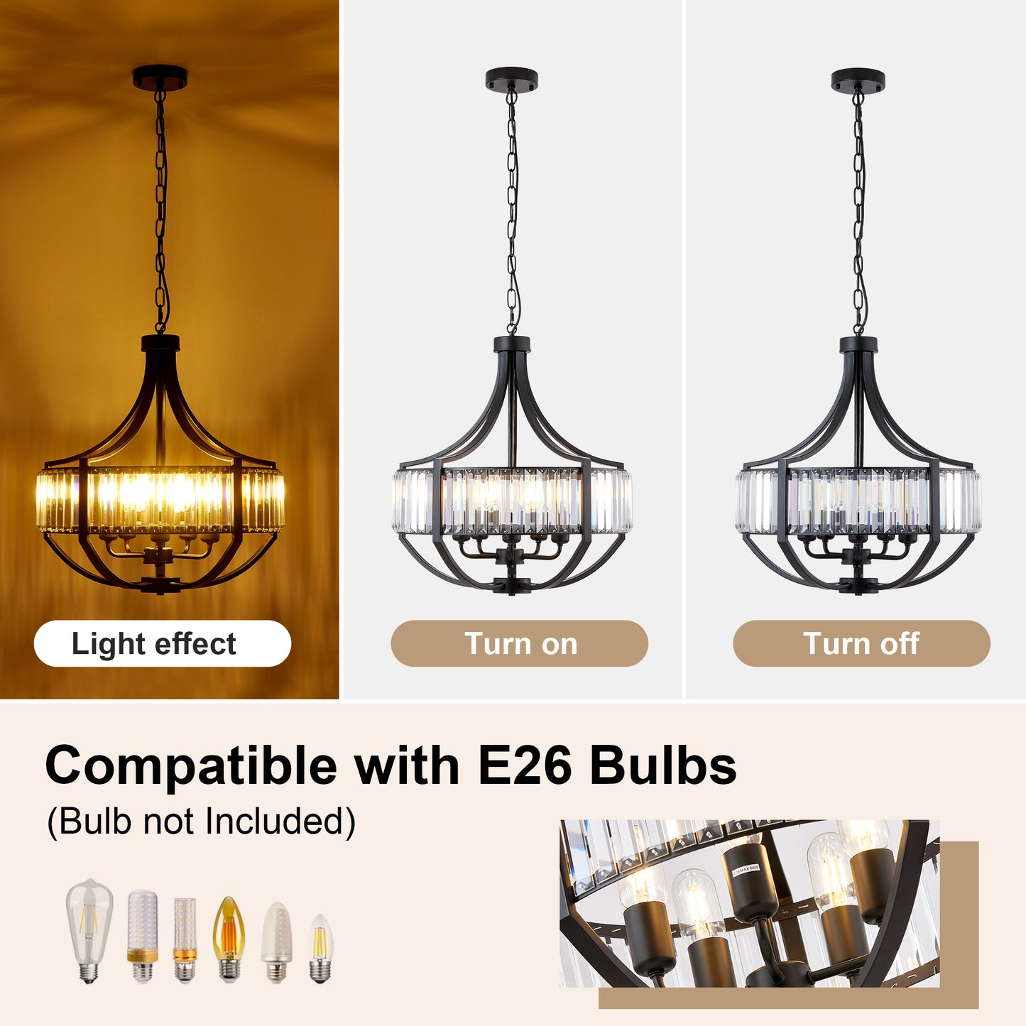 Black Farmhouse Crystal Pendant Chandelier - Modern 5-Light Ceiling Light Fixture