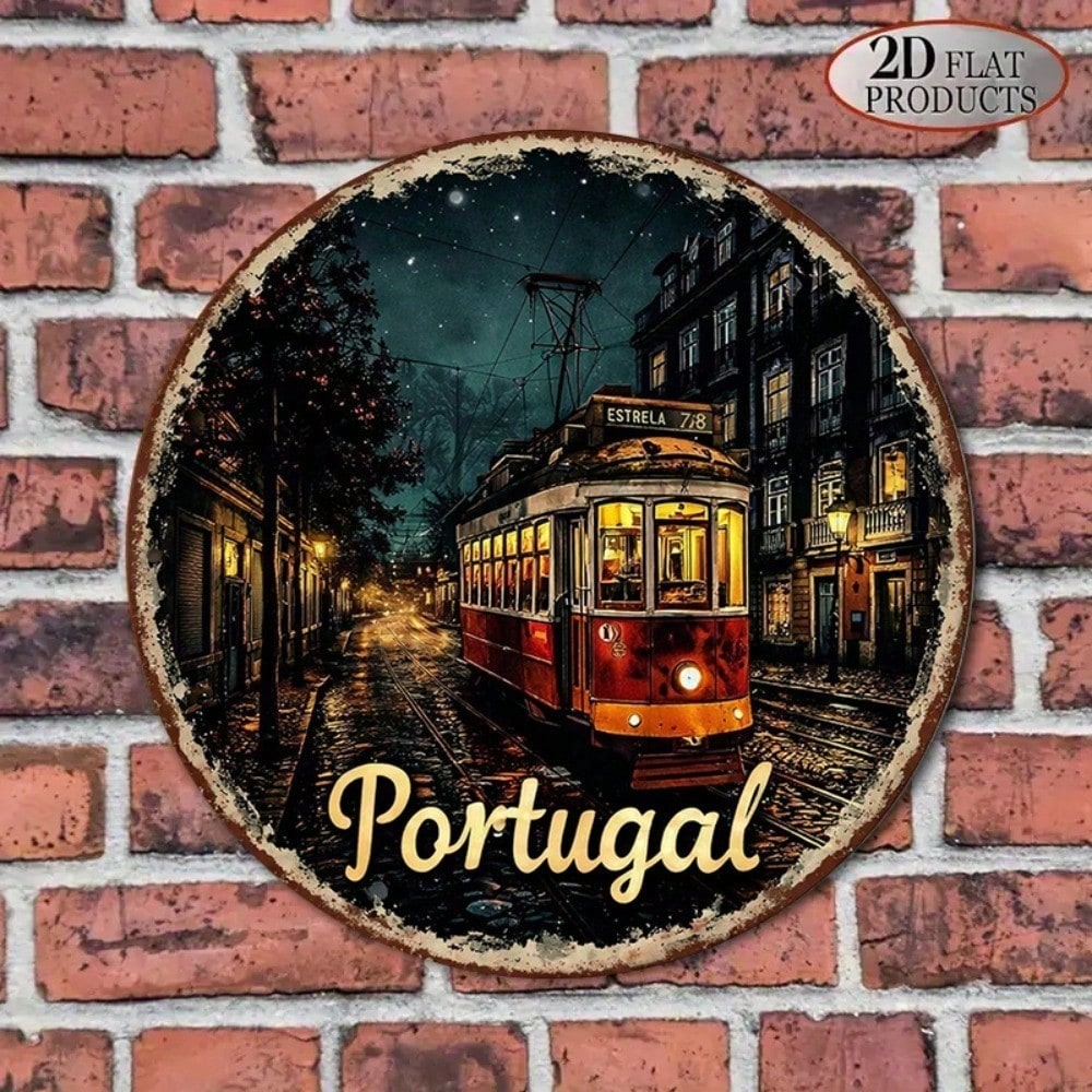 Lisbon Tram Retro Tin Sign - 8x8in Portuguese Wall Decor
