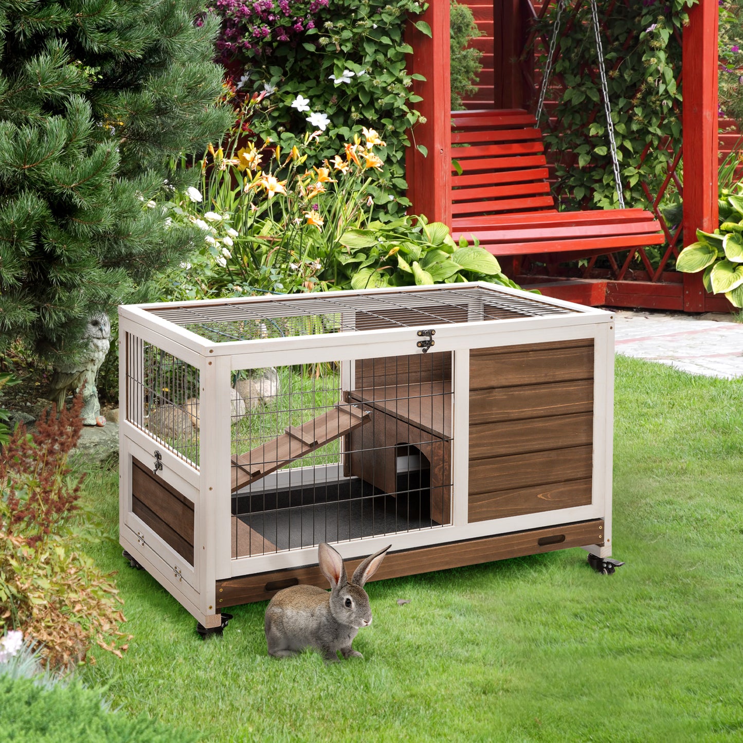 Indoor Rabbit Cage with Wheels & Pull-Out Tray - Small Animal House in Brown