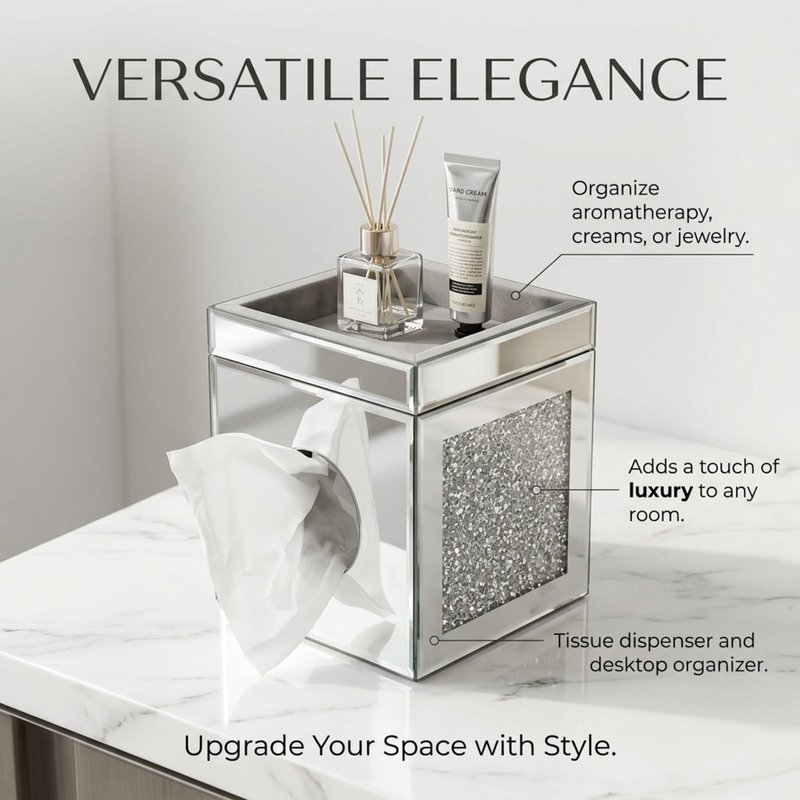 Mirrored Crushed Diamond Tissue Box Cover Square Glass Bathroom Decor Silver