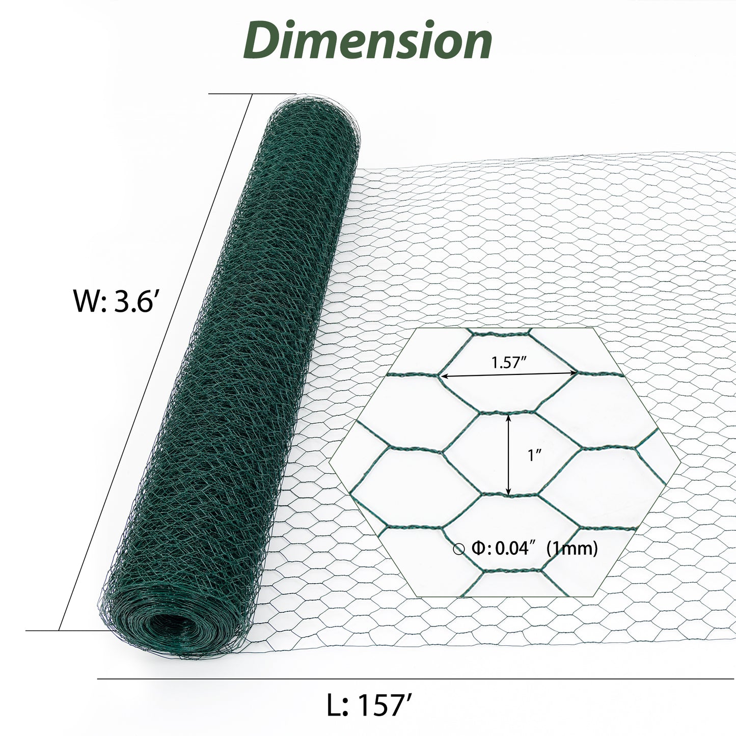Galvanized Hexagonal Green Chicken Wire - 3.6ft x 157.5ft