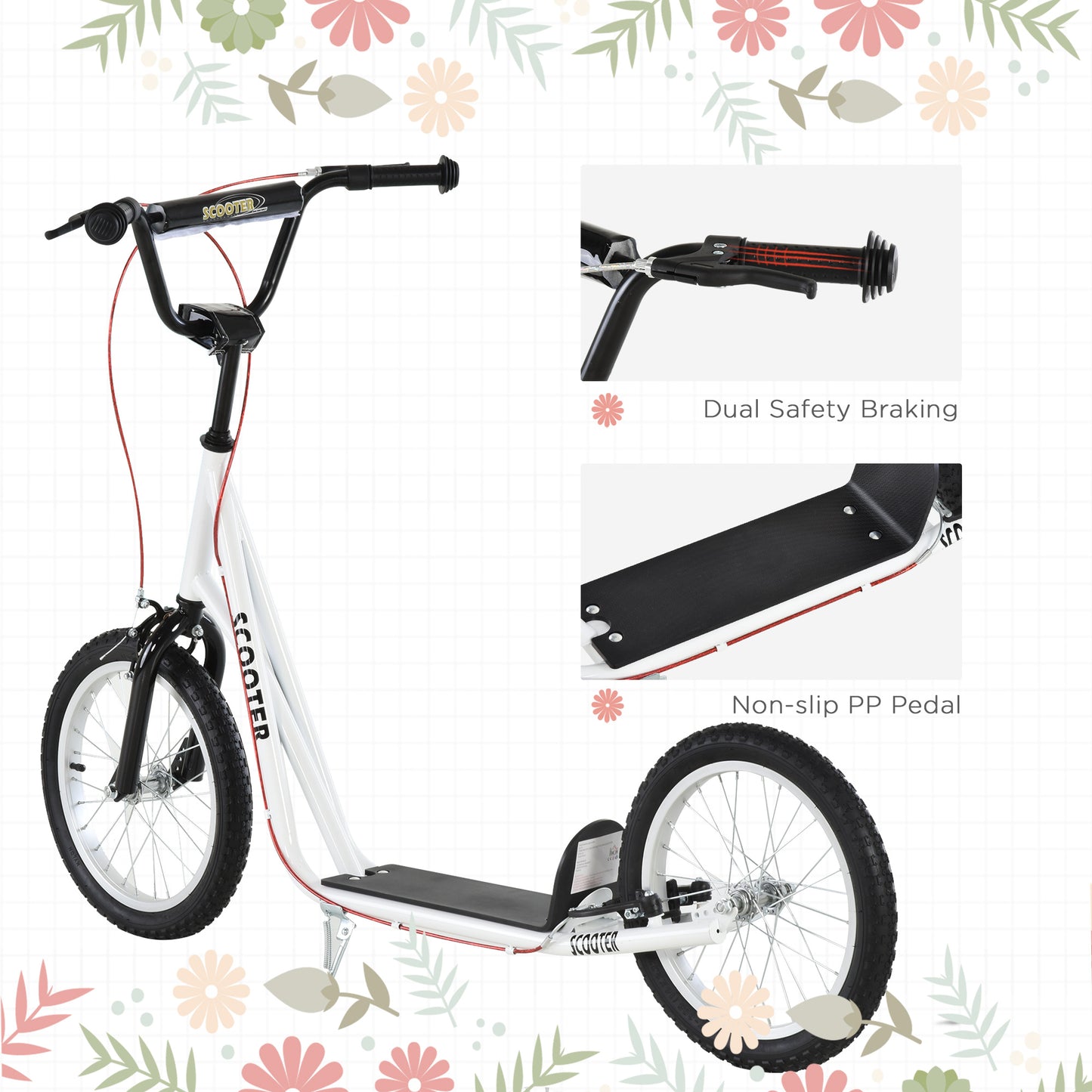 Adjustable White Toddler Scooter with Inflatable Wheels & Dual Brakes