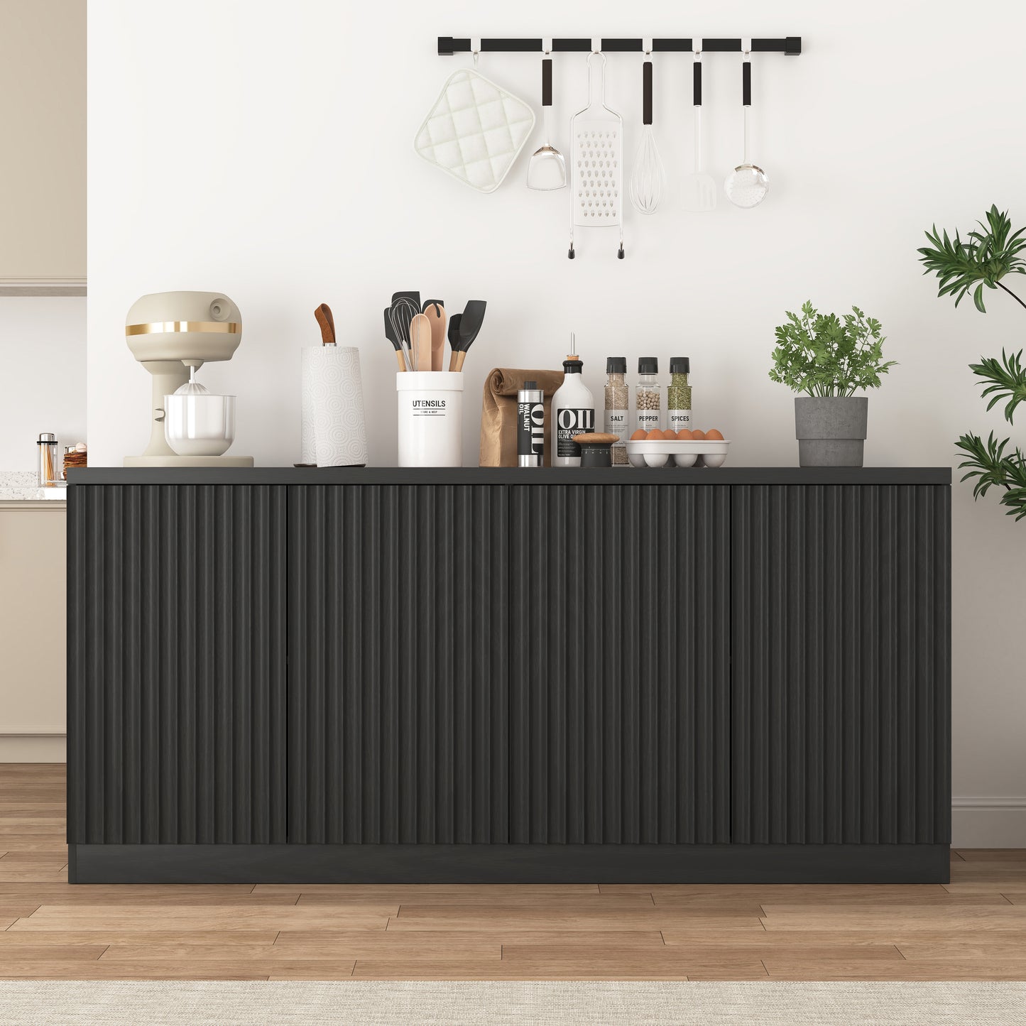 Black Buffet Cabinet with 4 Doors & Shelves - 62.6" Sideboard