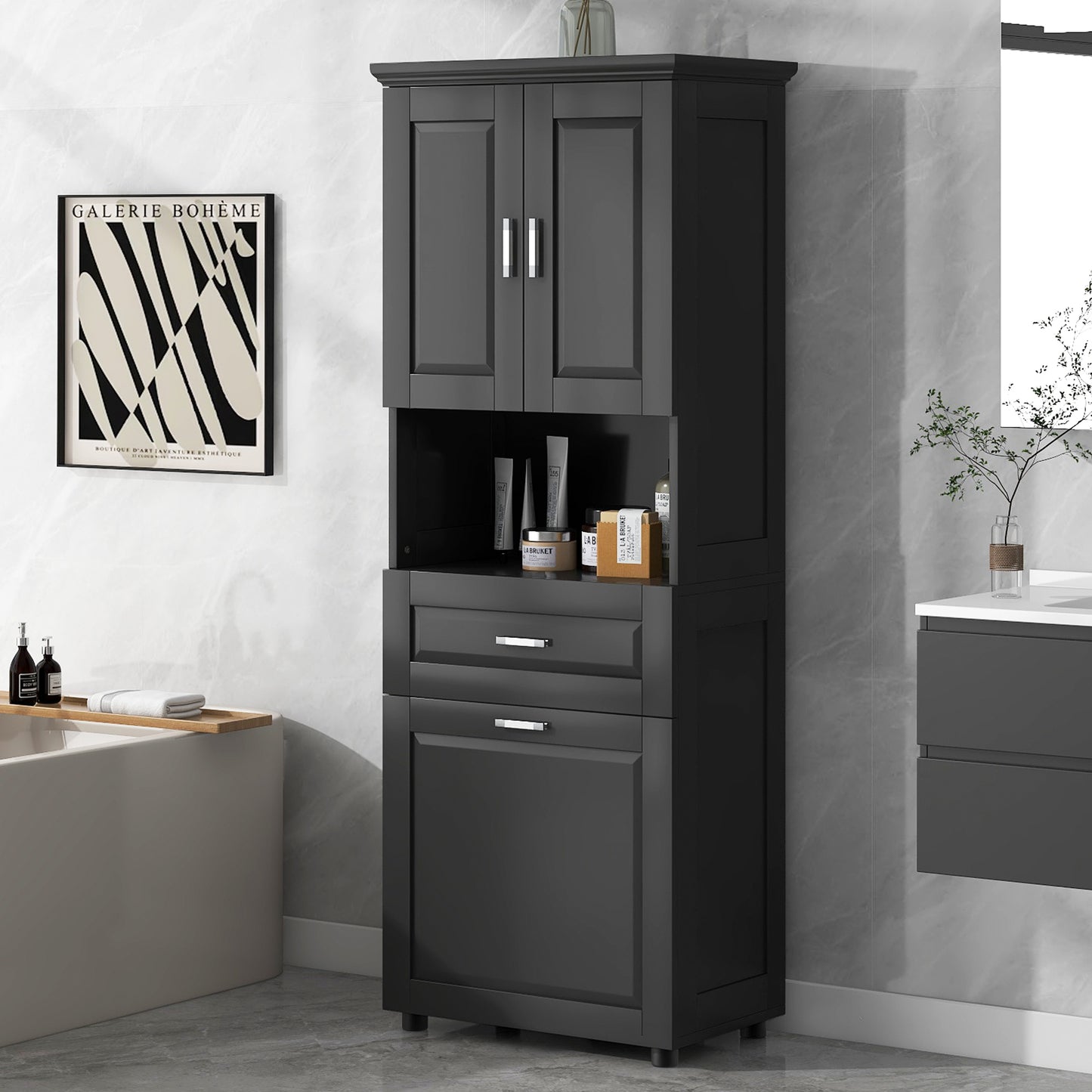 Tall Bathroom Cabinet with Laundry Basket - Black Storage Unit