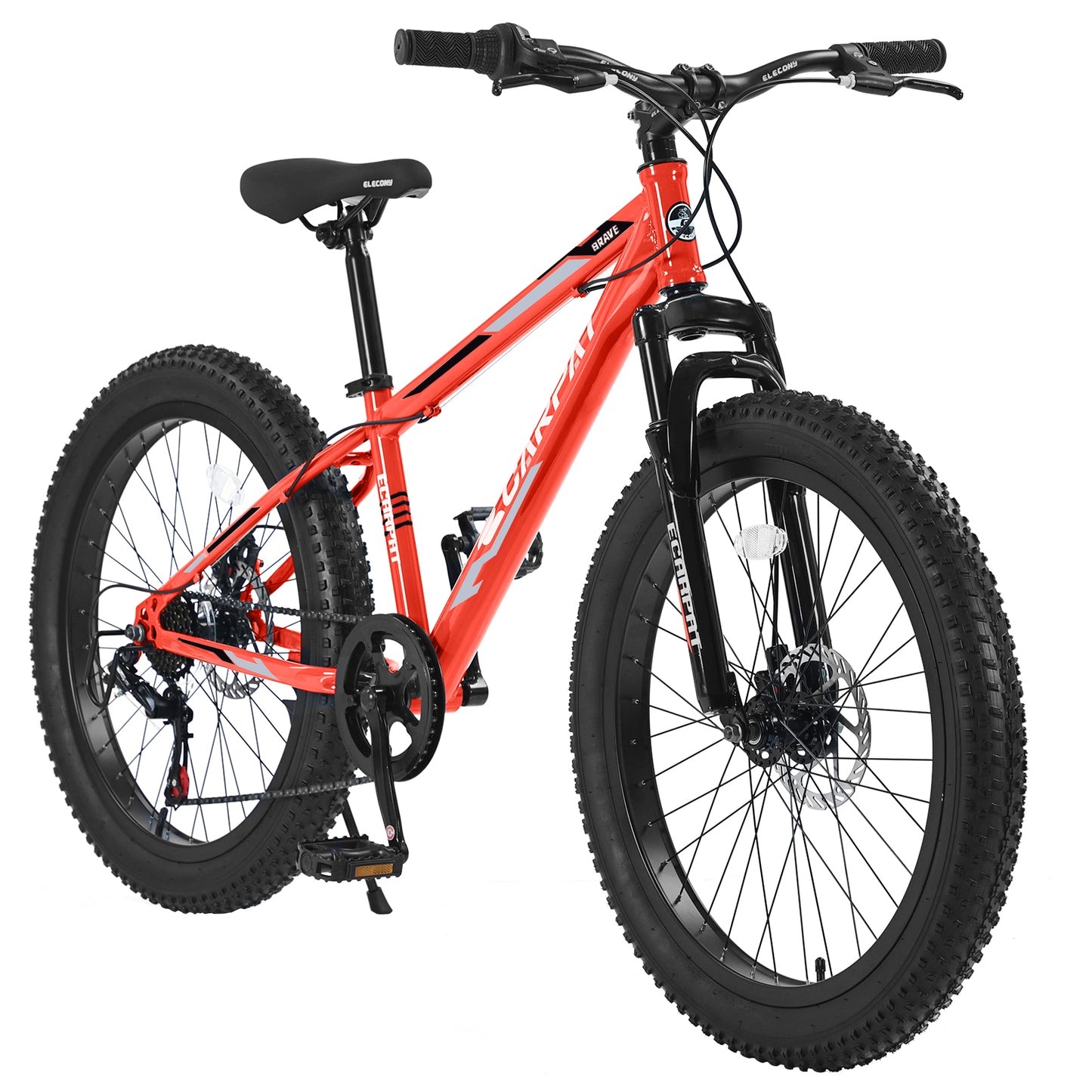 24 Inch Fat Tire Mountain Bike - Shimano 7 Speed, Dual Disc Brake, Orange