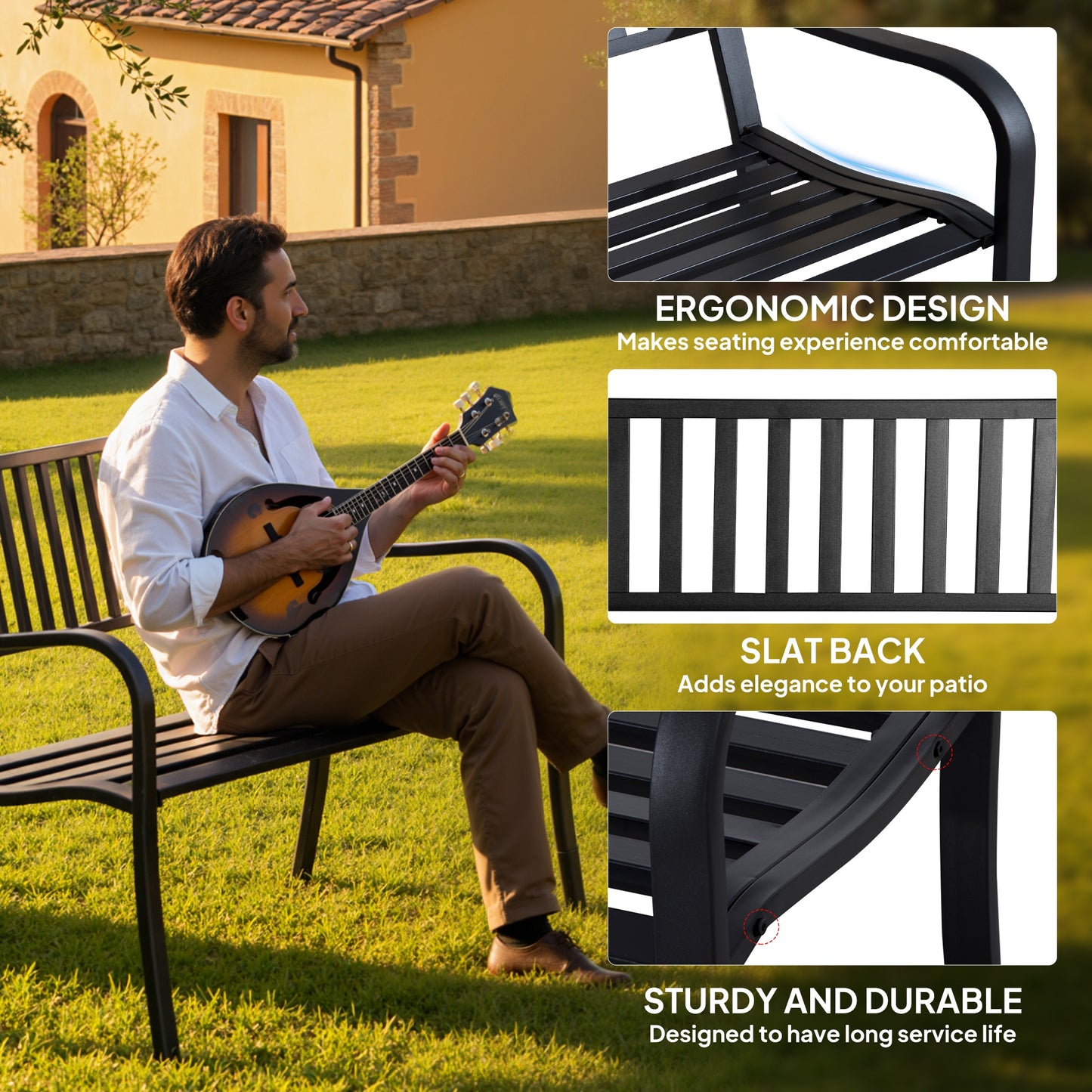 50" Outdoor Patio Bench - Slatted Steel Garden Seating - Black