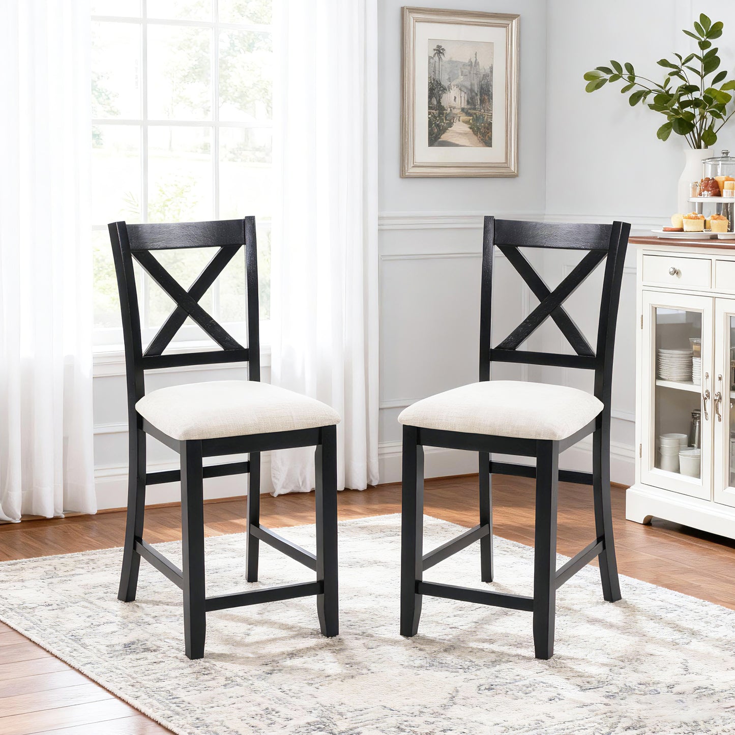 Wooden Counter Height Dining Chairs Set of 4 - Black & Beige