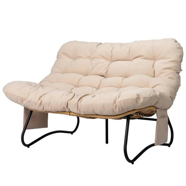 Curved Wicker Loveseat with Magazine Pockets & Beige Cushion