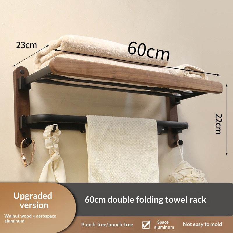 Double-Fold Walnut Towel Rack - Space Saving Bathroom Organizer