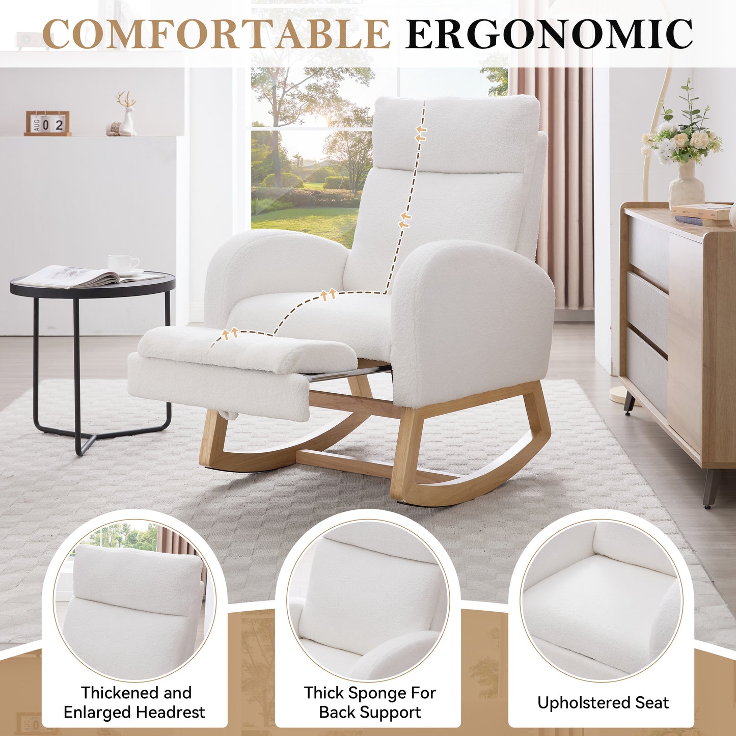 Teddy Fabric Rocking Chair with Adjustable Footstool - White