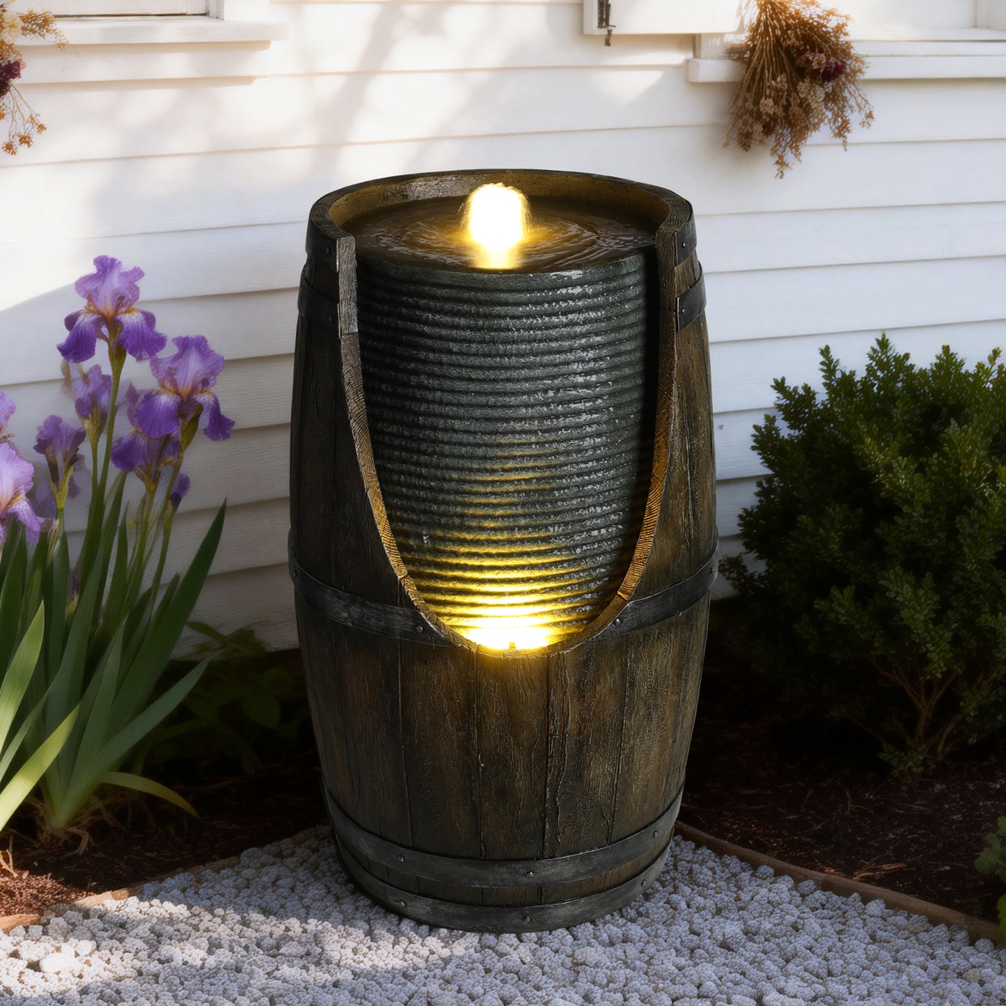 Outdoor Water Fountain with Bird Waterer - Rustic Barrel Garden Feature with LED Lights