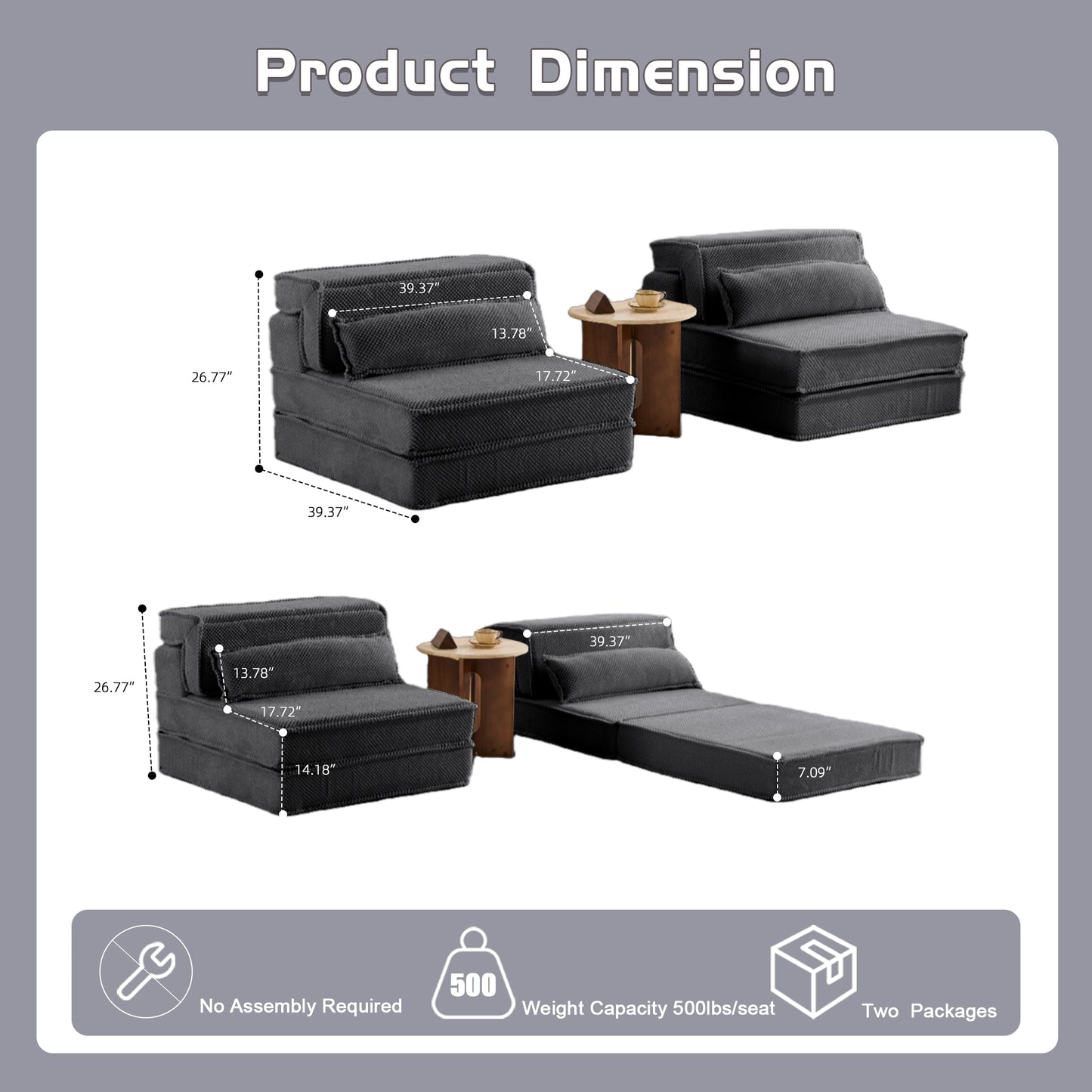 Convertible Floor Sofa Bed - Oversized 2 Seater with Pillows - Dark Grey