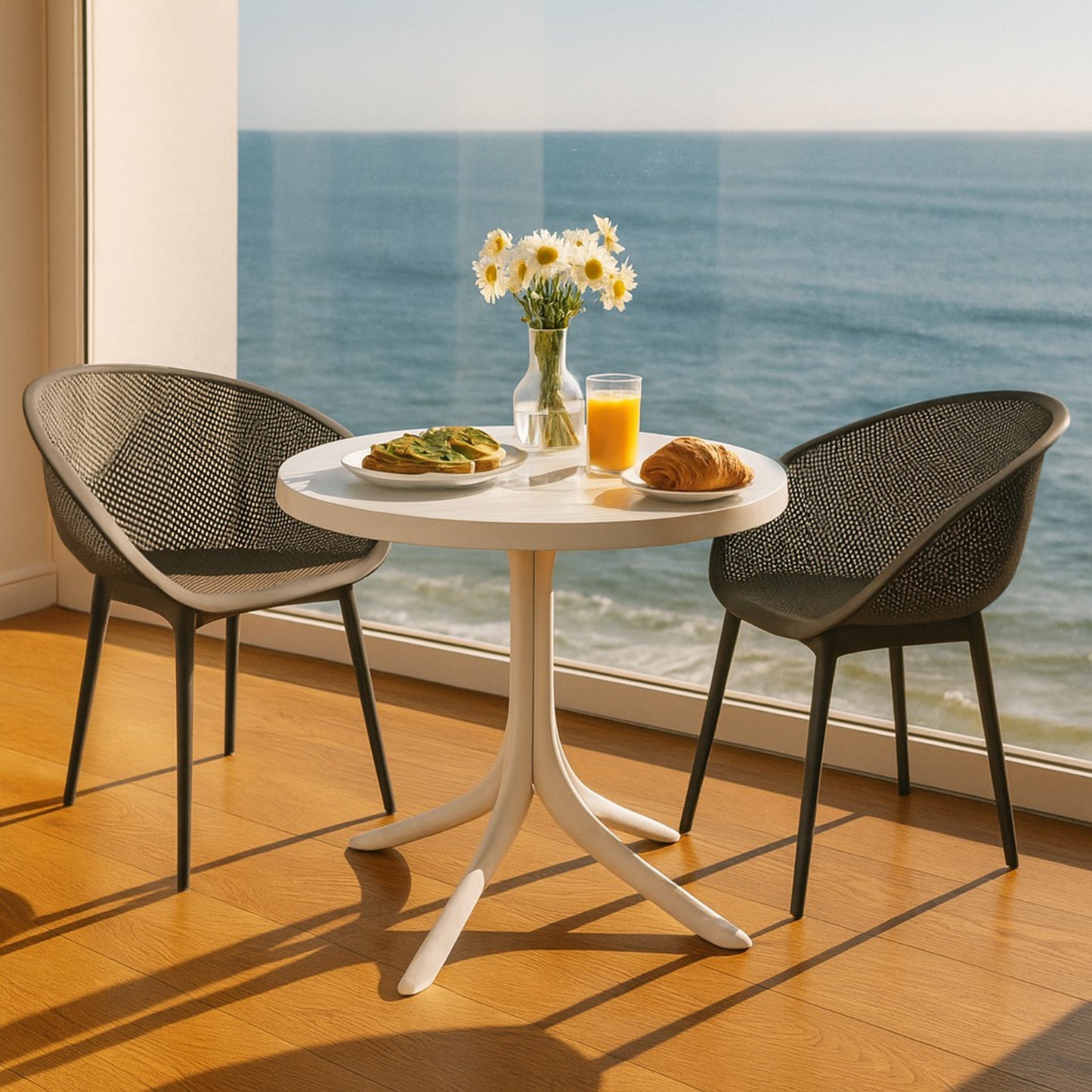 Modern Lounge Chairs with Round Table - Warm Grey & White