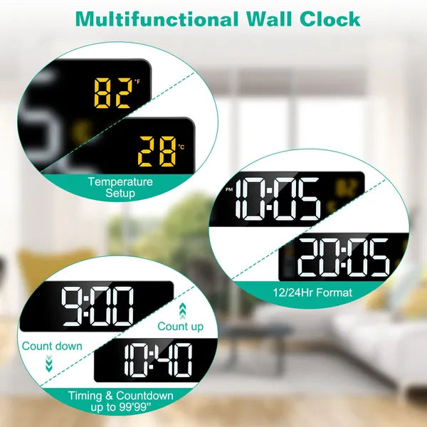 15.7in LED Digital Wall Clock with Remote Control - Black