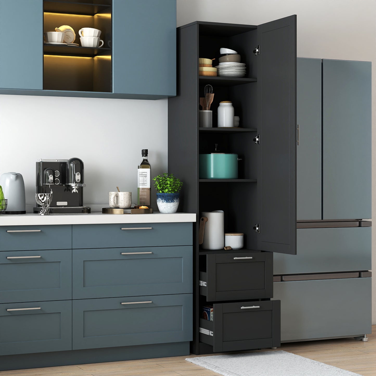 Tall Kitchen Storage Cabinet with 1 Door & 2 Drawers - Black