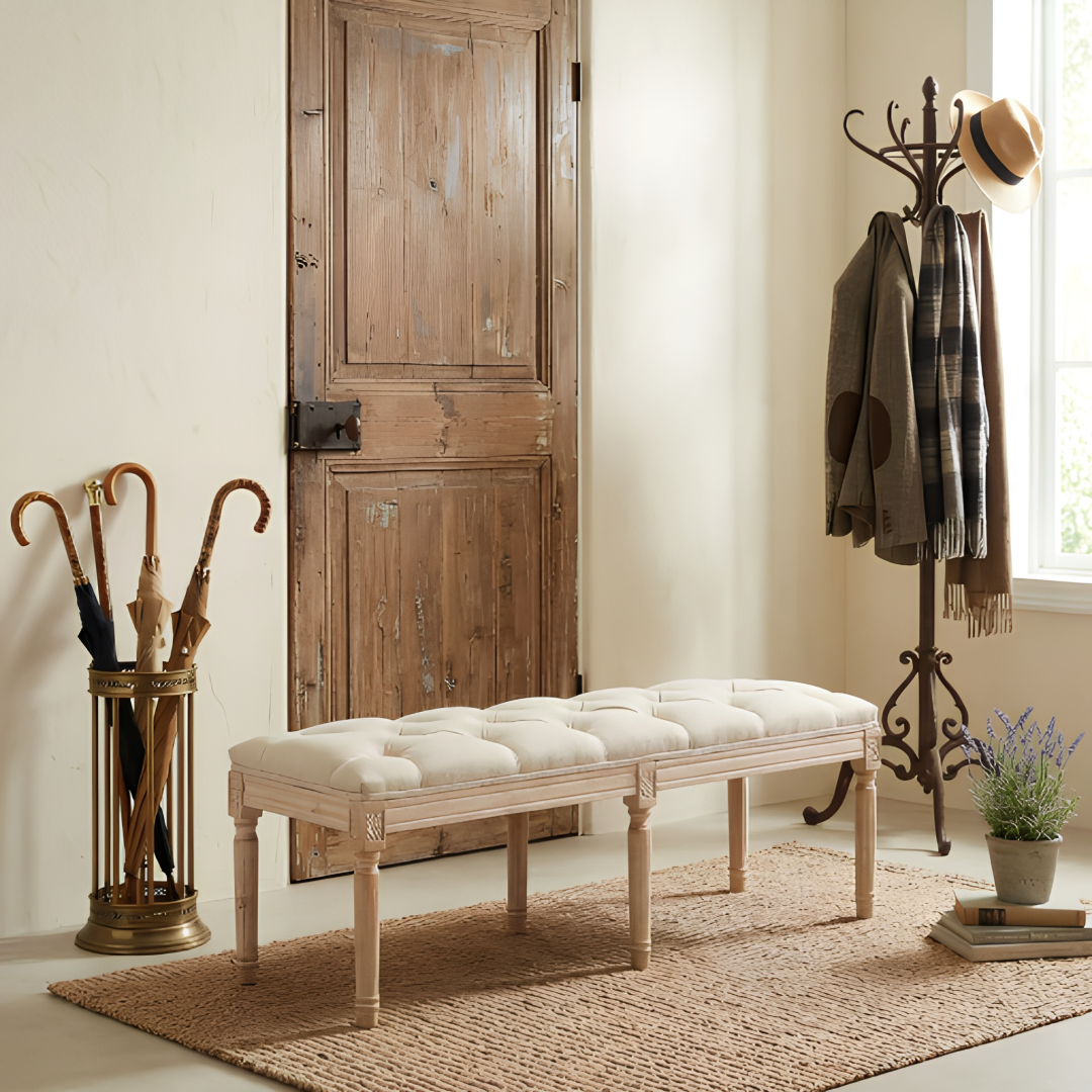French Vintage Tufted Bedroom Bench - Cream Upholstered Ottoman
