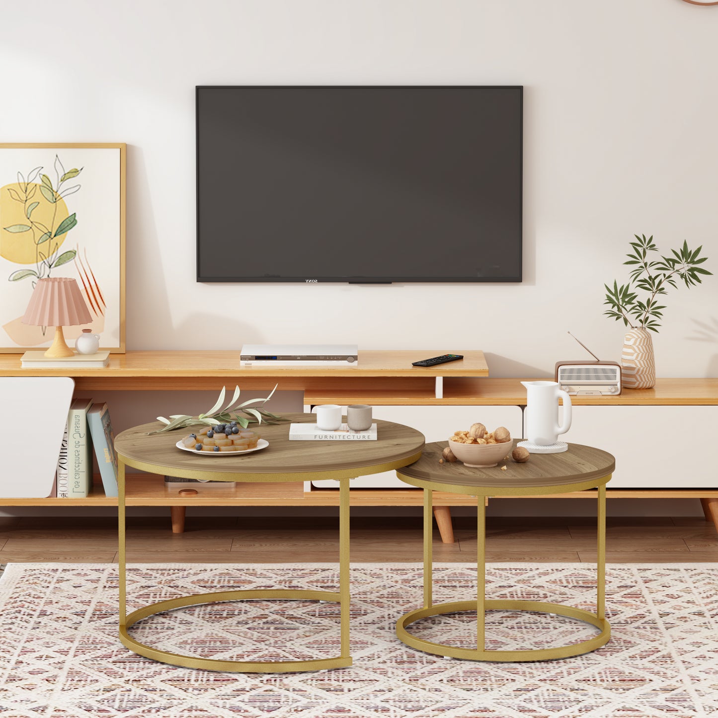Nesting Coffee Table Set of 2 - Round Wood & Metal - Brown+Gold